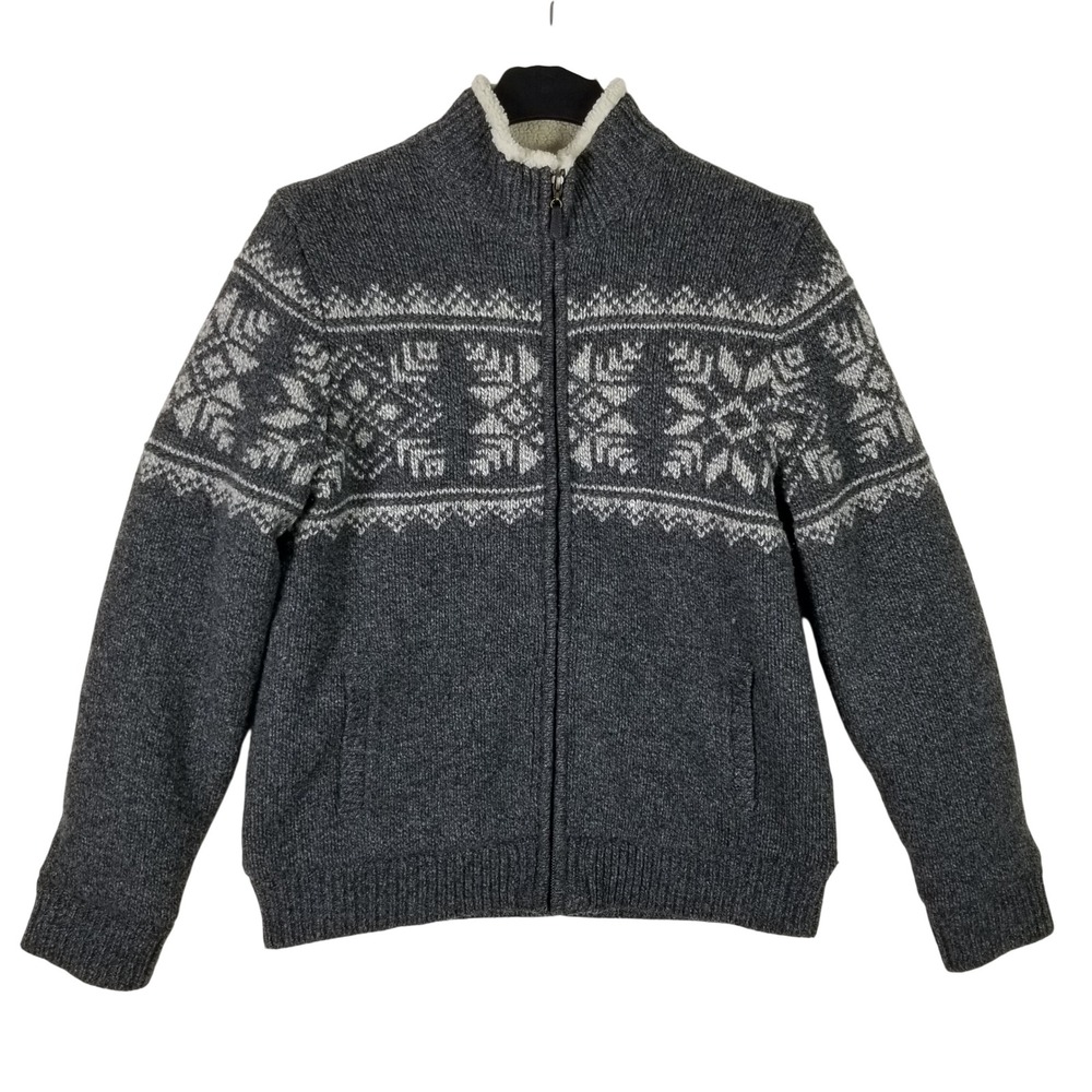 LL Bean Full Zip Sweater Mens M Gray Lambswool Sherpa Lined Fair Isle 502807